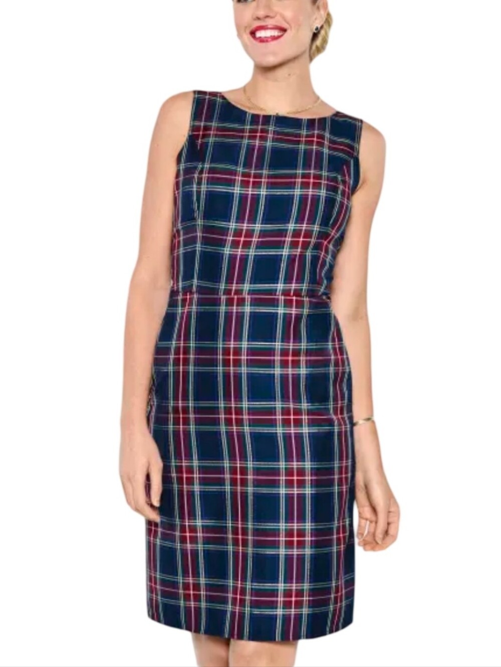 The Childrens Place Women 2 Tartan Plaid Sheath Dress Navy Red Gold Metallic NEW
